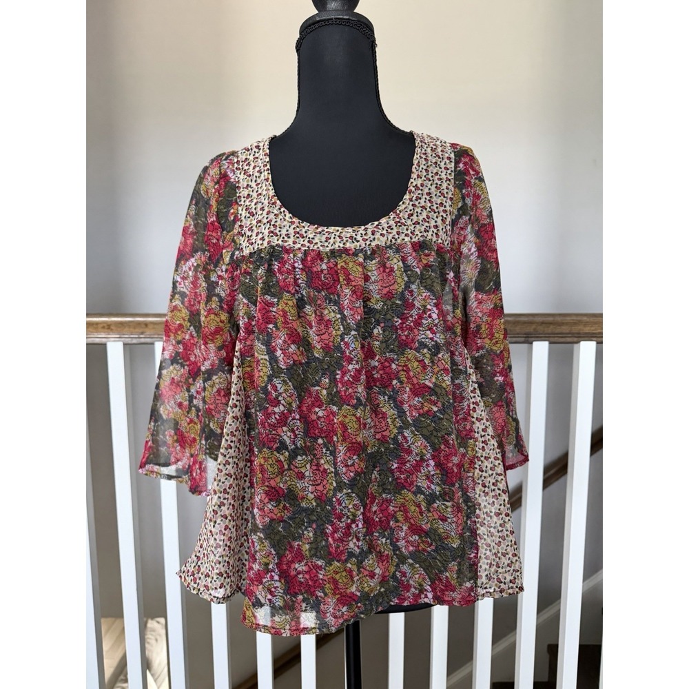 Staring At Stars Sheer XS Floral Top Boho Blouse Patchwork Cottage Fairy Hippie